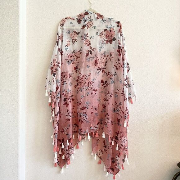 Lane Bryant Pink Floral Cardigan Duster Tassels Kimono One Size Women - Picture 9 of 10